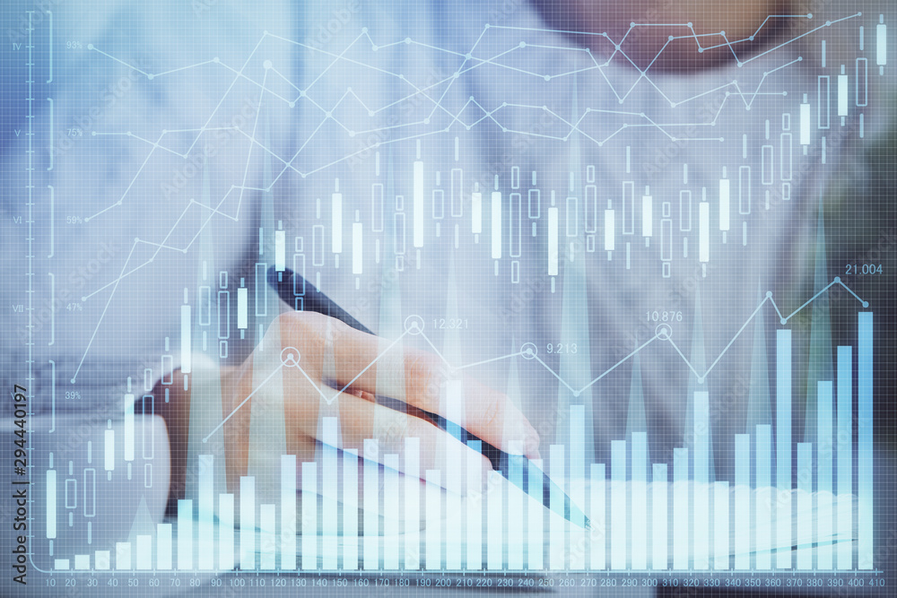 Forex chart displayed on woman's hand taking notes background. Concept of research. Multi exposure Forex chart displayed on woman's hand taking notes background. Concept of research. Multi exposure