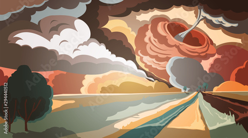 Rural landscape with twisting tornado and dark thunderstorm clouds. Hurricane in countryside fields. Natural disaster. Vector illustration