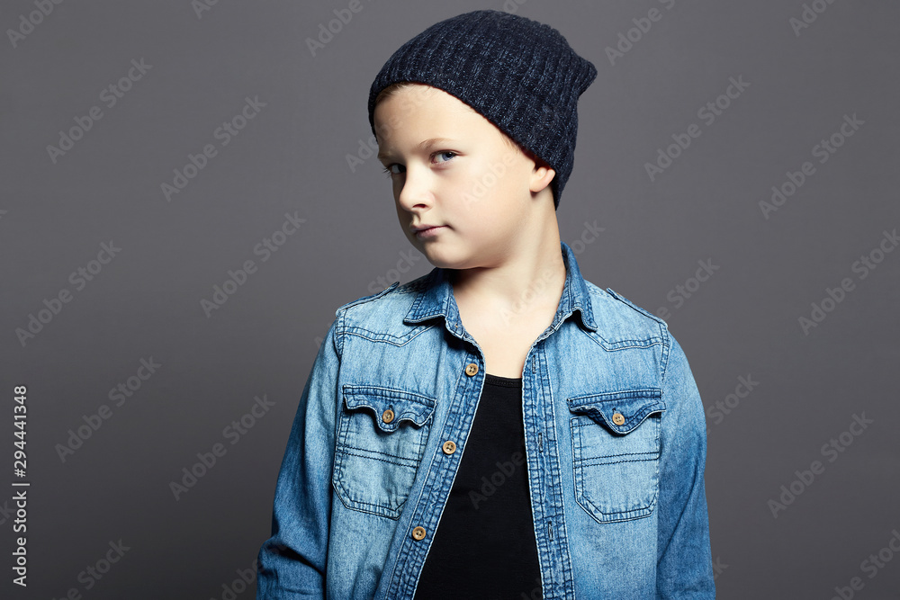 little boy in jeans and hat. 10 years old kid little boy in jeans and hat. 10 years old kid