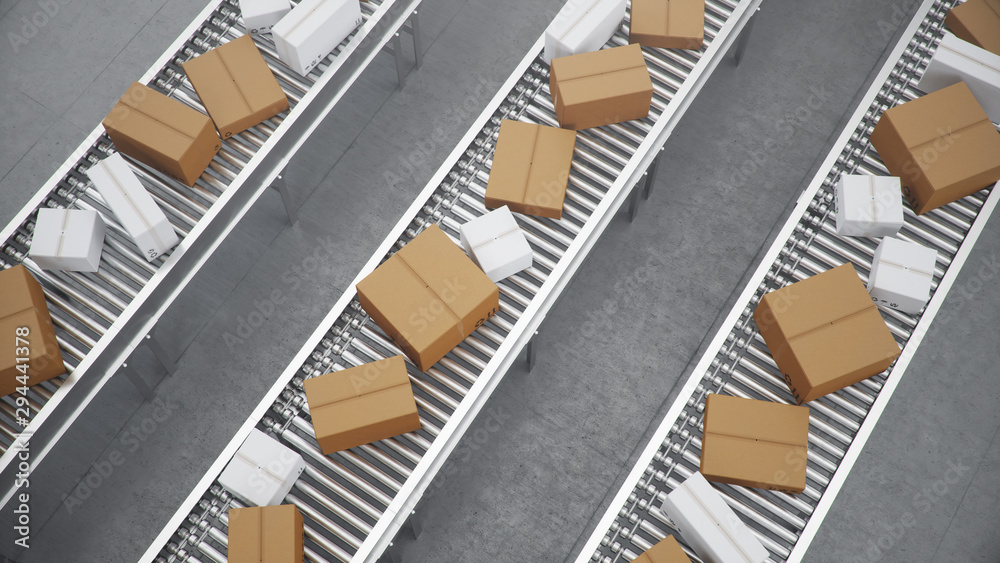 Fototapeta premium 3D illustration Packages delivery, packaging service and parcels transportation system concept, cardboard boxes on a conveyor belt in a warehouse, Three conveyor belts