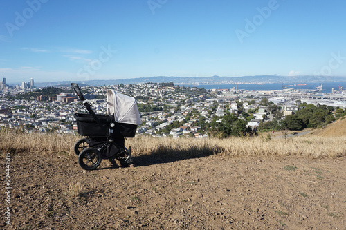 Baby carriage with view on San Francisco