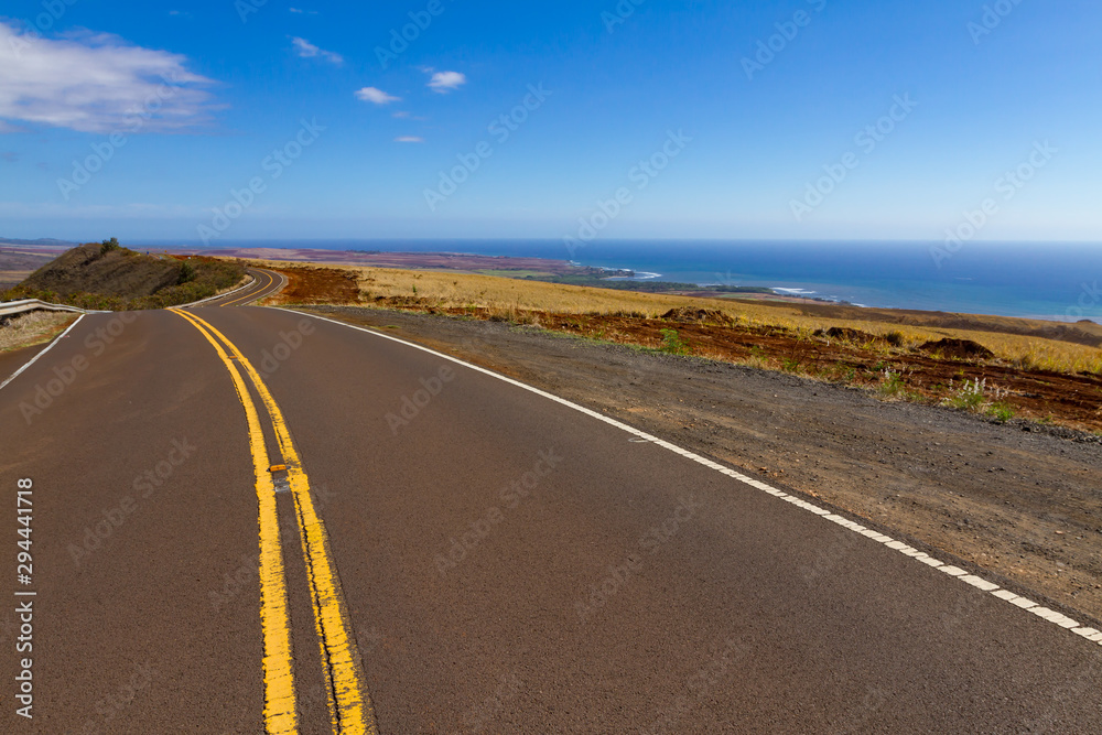 Road trip travel on Hawaiian island with scenic landscape of ocean and coast line