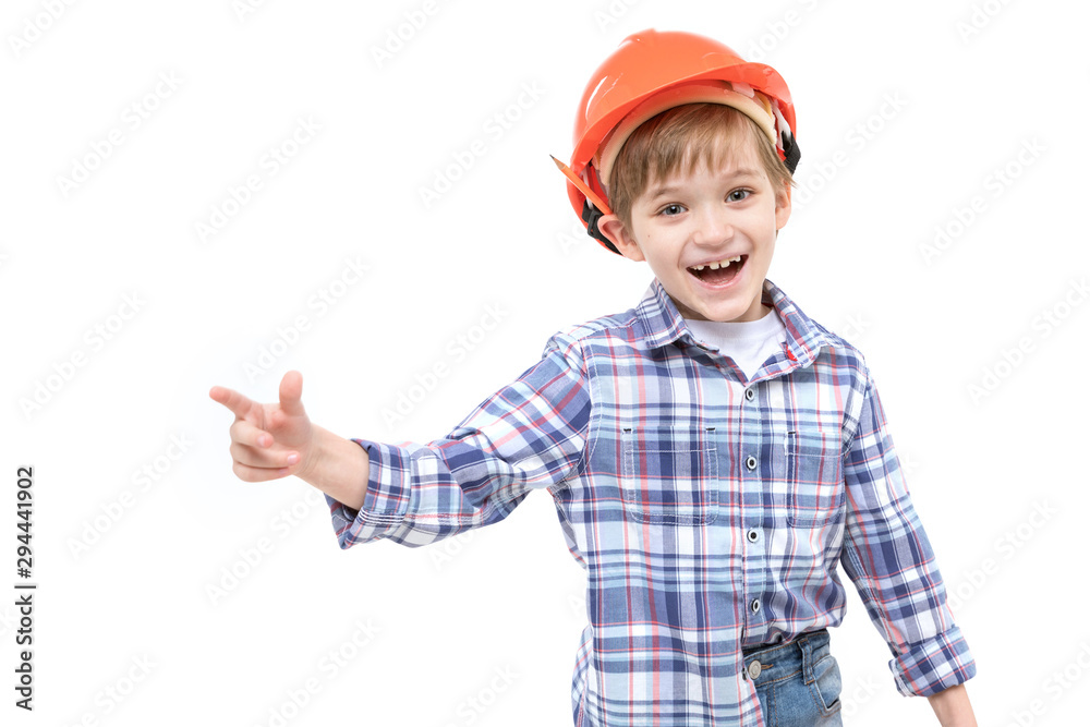 Adorable kid dressed as foreman in orange helmet and shirt Adorable kid dressed as foreman in orange helmet and shirt