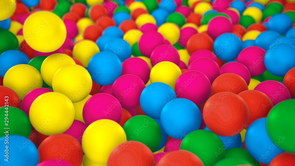 Pile of gumballs closeup with colorful rolling and falling balls. Multicolored spheres in pool for children fun abstract background. Bright 3D illustration with depth of field. Camera zooms out