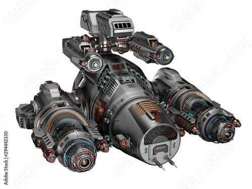 Fototapeta Naklejka Na Ścianę i Meble -  Futuristic gunship or very detailed flying military machine with heavy wepons. Isolated on white background. 3D illustration