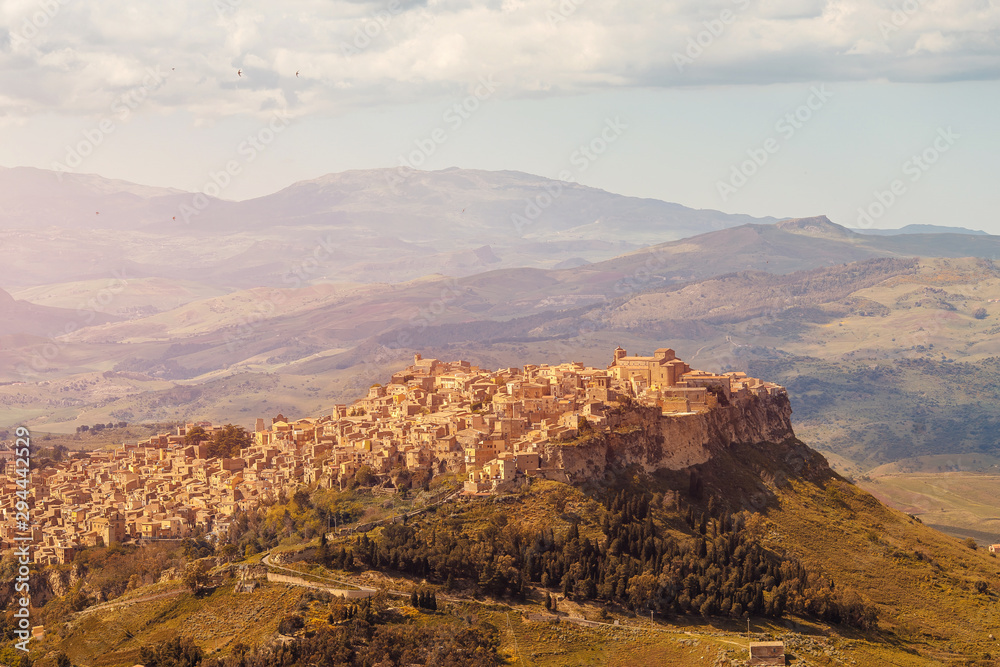 Ancient Calascibetta landscape city on rock, Sicily, Italy