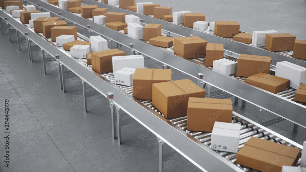 3D illustration Packages delivery, packaging service and parcels transportation system concept, cardboard boxes on a conveyor belt in a warehouse, Three conveyor belts 3D illustration Packages delivery, packaging service and parcels transportation system concept, cardboard boxes on a conveyor belt in a warehouse, Three conveyor belts