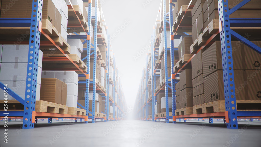 Warehouse with cardboard boxes inside on pallets racks, logistic center. Huge, large modern warehouse. Warehouse filled with cardboard boxes on shelves, boxes stand on pallets, 3D Illustration Warehouse with cardboard boxes inside on pallets racks, logistic center. Huge, large modern warehouse. Warehouse filled with cardboard boxes on shelves, boxes stand on pallets, 3D Illustration