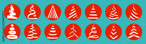 Set of minimalistic hand drawn Christmas  tree icons on blue background. New Year minimal concept. Vector illustration. Can be used for greeting card, invitation, banner, web, prints