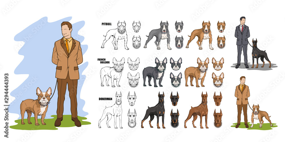 Set of man with dog, dog friendship, man with pet. man and his best friend  dog pitbull, french bulldog, doberman. Vector graphics to design. Stock  Vector | Adobe Stock