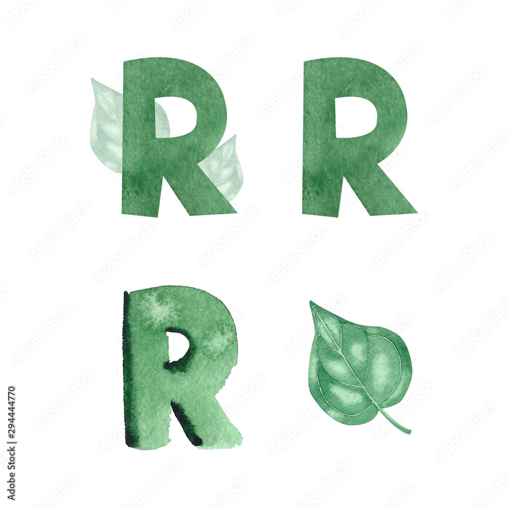 Watercolor alphabet letter R. Hand drawn green letter isolated on white ...