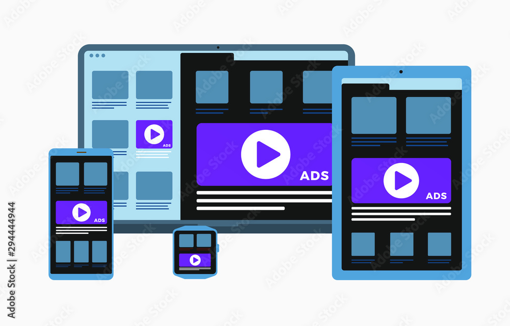 Programmatic Advertising and targeting Native marketing concept. Cross-device and multi target audience ads strategy. Laptop, Tablet PC, mobile phone and smart watch vector flat icon isolated on white Programmatic Advertising and targeting Native marketing concept. Cross-device and multi target audience ads strategy. Laptop, Tablet PC, mobile phone and smart watch vector flat icon isolated on white