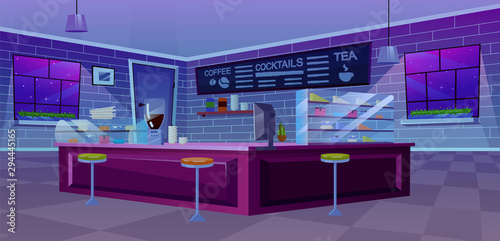 Cafe modern interior flat vector illustration. Night time cafeteria, confectionery with counter, trendy chairs, glass showcase. Cartoon windows with moonlight rays. Stylish chalkboard with drinks menu