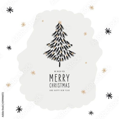 Merry christmas greeting card and happy new year lettering tree white background