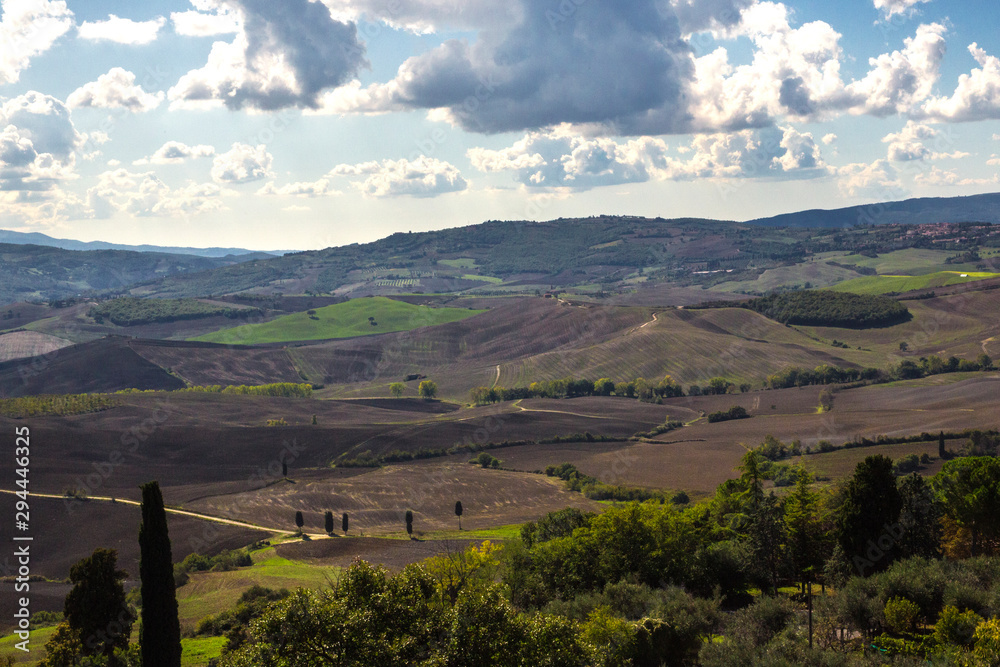 Panorama of the Tuscan countryside, in Italy.