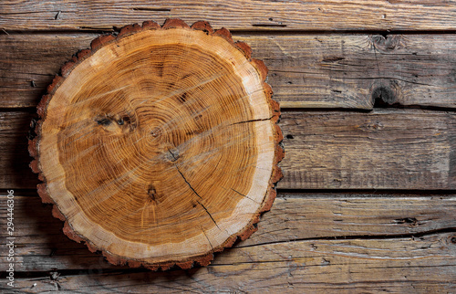 Aged cracked cut tree section with texture on wooden planks. Mockup. Flat lay