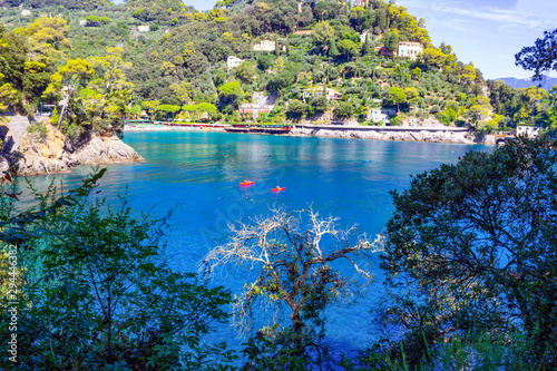 beach known as paraggi near portofino in genoa on a blue sky and sea background photo