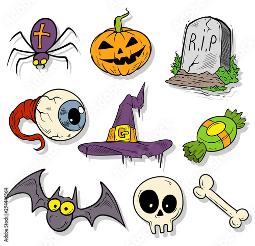 Cartoon halloween colorful hand drawn monsters and objects. Bat and witch. Tomb and skull. Pumpkin and candy. Isolated on white background. Halloween vector sticker set.