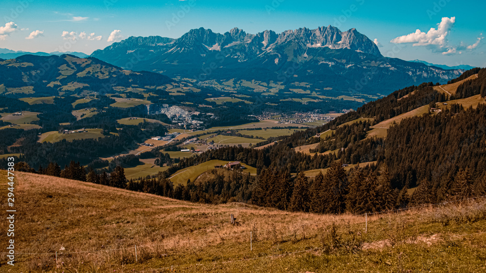 Beautiful alpine view with the Wilder Kaiser mountains at the famous Kitzbüheler Horn, Kitzbühel, Tyrol, Austria
