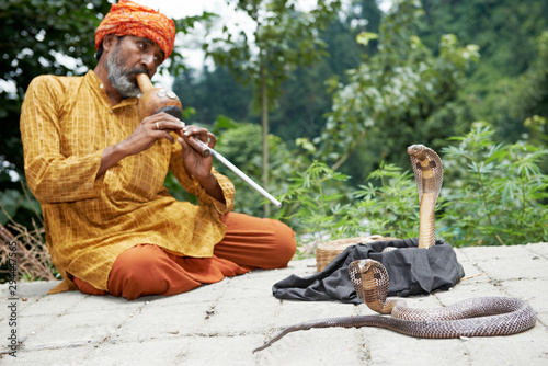 Snake charmer man in turban playing music before snake in India photo