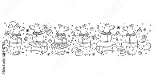 Horizontal border with outline black cute rat and winter decoration isolated on white background.