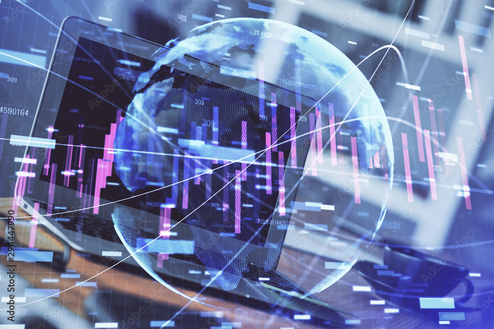 Multi exposure of graph and financial info and work space with computer background. Concept of international online trading. Multi exposure of graph and financial info and work space with computer background. Concept of international online trading.