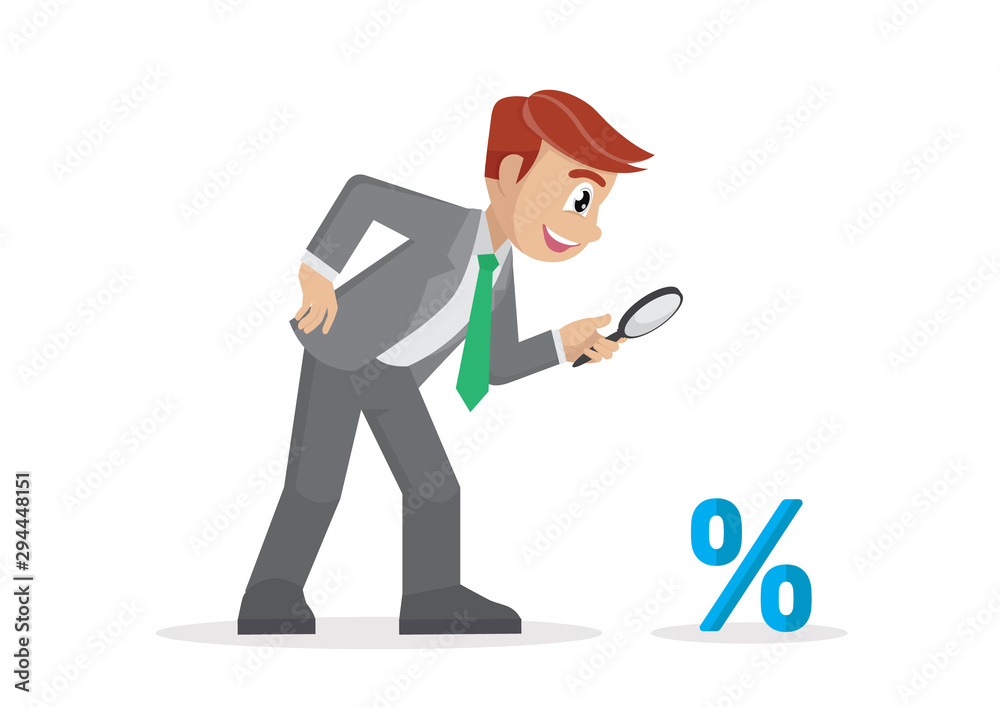 Businessman verify at a small percent sign through a magnifying glass. Businessman verify at a small percent sign through a magnifying glass.