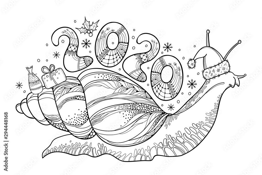 Outline Achatina snail or African giant land snail with number 2020 in black isolated on white background. Outline Achatina snail or African giant land snail with number 2020 in black isolated on white background.