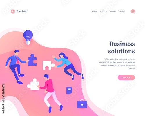 Business solutions concept, workflow flying or levitation people and interaction with puzzle pieces icons.