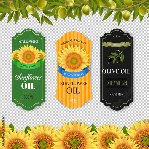Sunflowers And Olive Oils Labels With Border Isolated Transparent Background