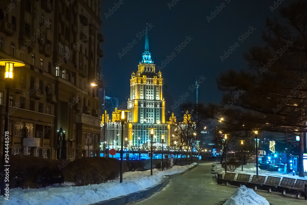 Winter Moscow. Russia. Snow on the streets of Moscow. The night capital in the Snow. Excursions in Moscow at night. A magnificent building in the capital. Russian architecture. Winter trip to Russia