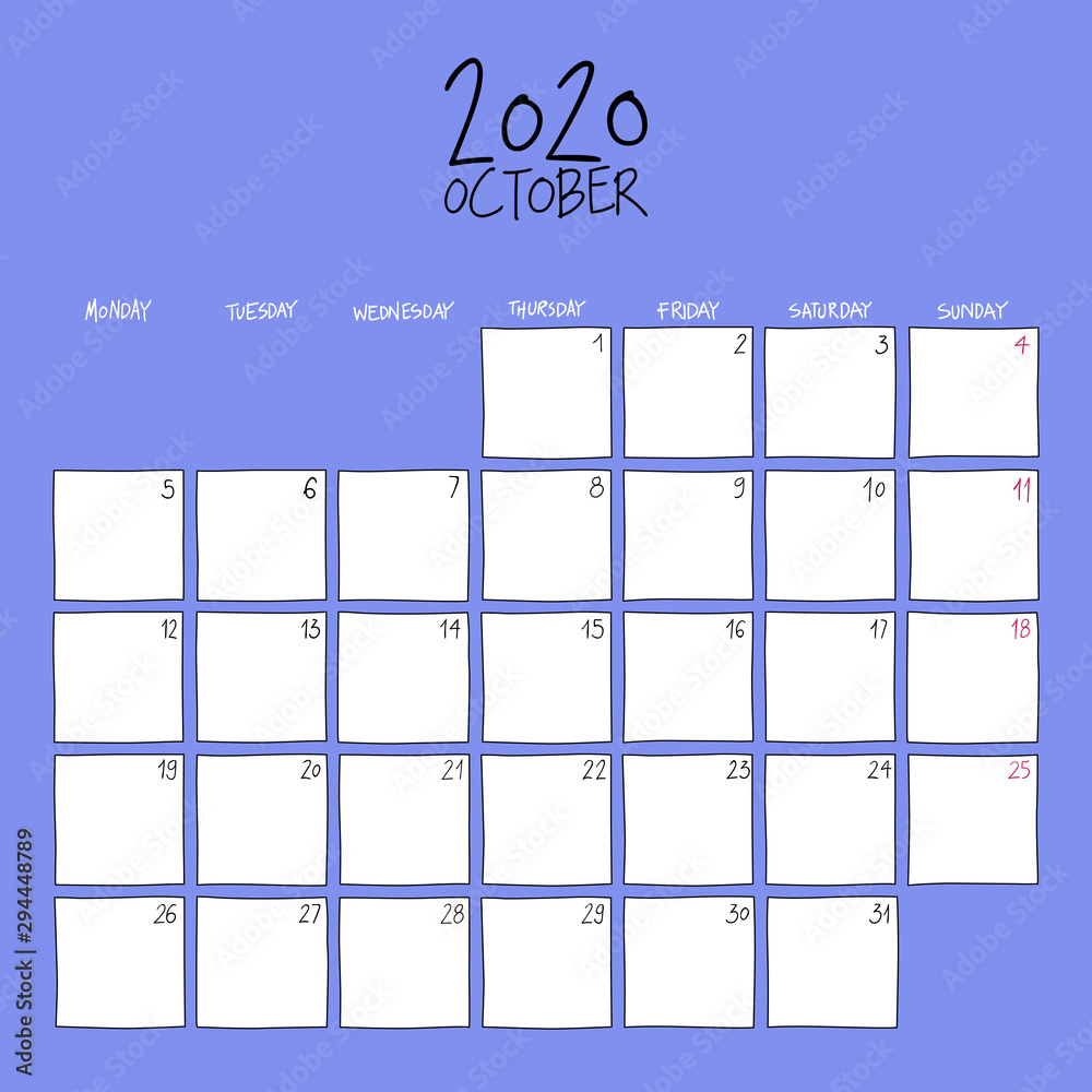 October 2020 wall calendar. Colorful sketch square template. October 2020 wall calendar. Colorful sketch square template.