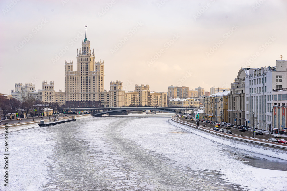 Russia. Moscow river in the winter. Kotelnicheskaya embankment. Traveling in snowy Moscow. Russian architecture. Panorama of winter Moscow. The capital of Russia in the winter. Guide to the Russia.