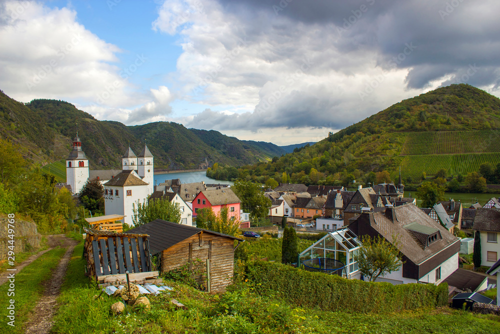 View of Treis-Karden town with the Moselle river in Germany - obrazy, fototapety, plakaty 