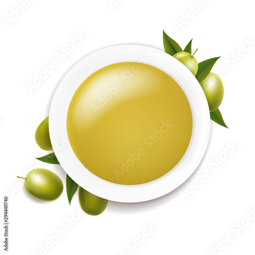 White Ceramic Bowl With Olive Oil And Twig With Green Olives On White background