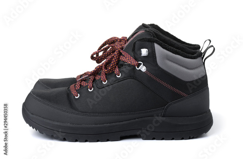  Side view of dlack waterproof hiking boots
