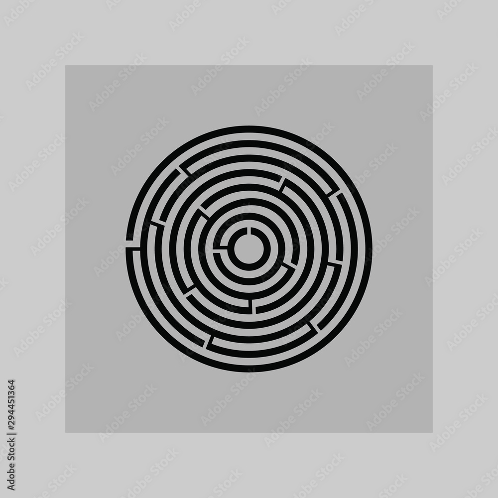 Circle maze vector labyrinth game. Round puzzle circular maze with solution. Complex labyrunth with trendy flat design, good for background, game, logo design
