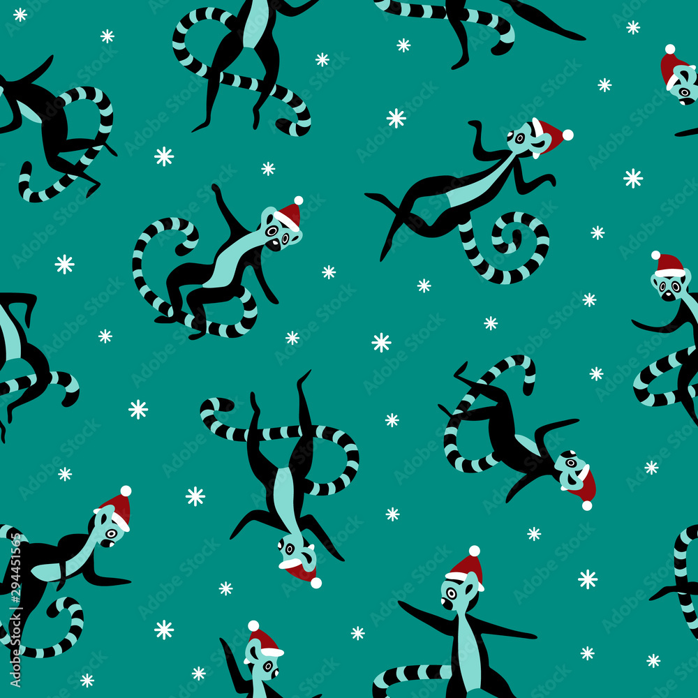 Cristmas seamless pattern with cute lemurs. Madagascar animals in red hats with snowflakes on green background. Vector illustration.