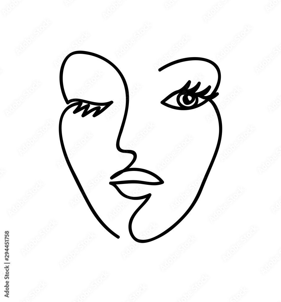 Abstract woman face. Black and white hand drawn line art. Outline vector illustration