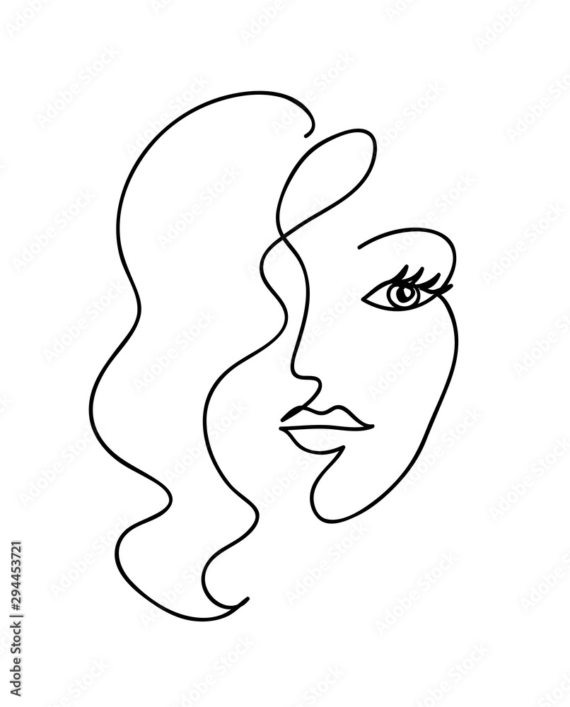 Abstract woman face with wavy hair. Black and white hand drawn line art. Outline vector illustration
