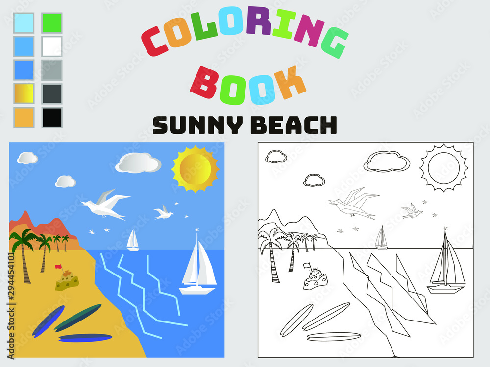 Sunny beach Colorful coloring book for kids and adult for education and fun. with palette of using colors. Travelling theme, simply cartoon vector illustration . Colouring page with 