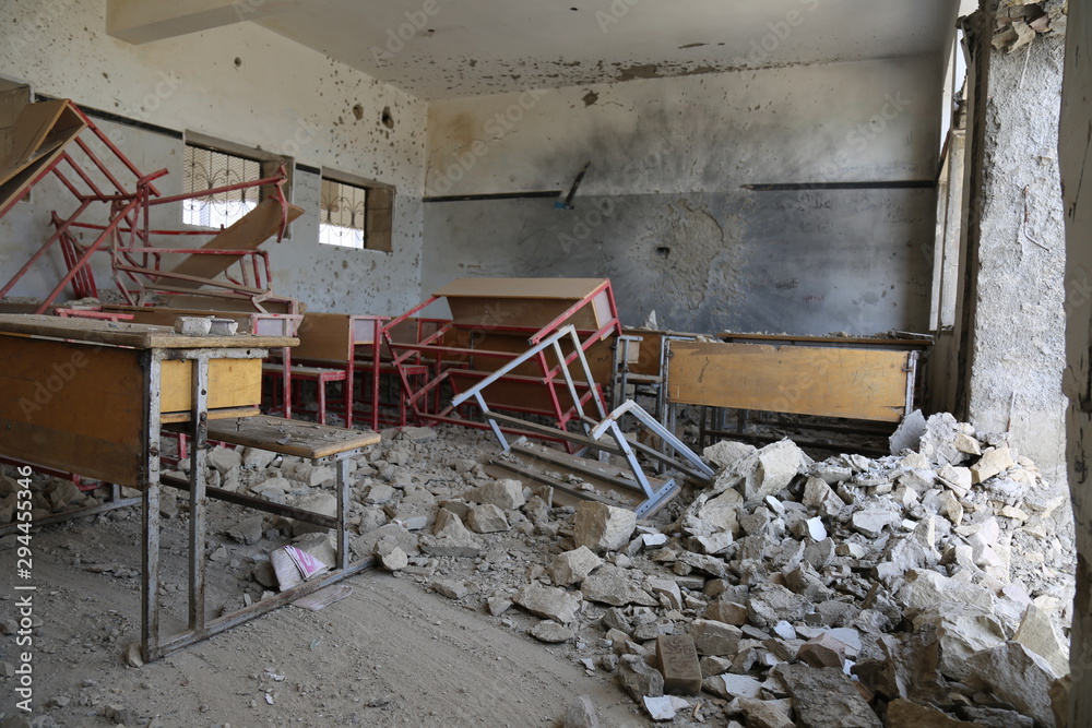 The effects of missiles and destruction on schools in Taiz City,Yemen . - obrazy, fototapety, plakaty 