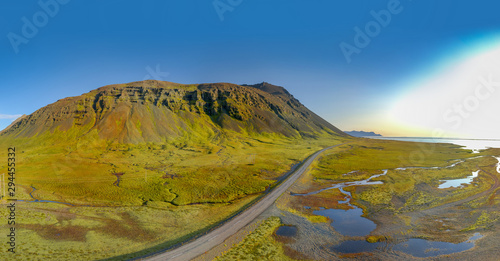 Icelandic aerial landscape. Vestrahorn mountain on a sunny day.