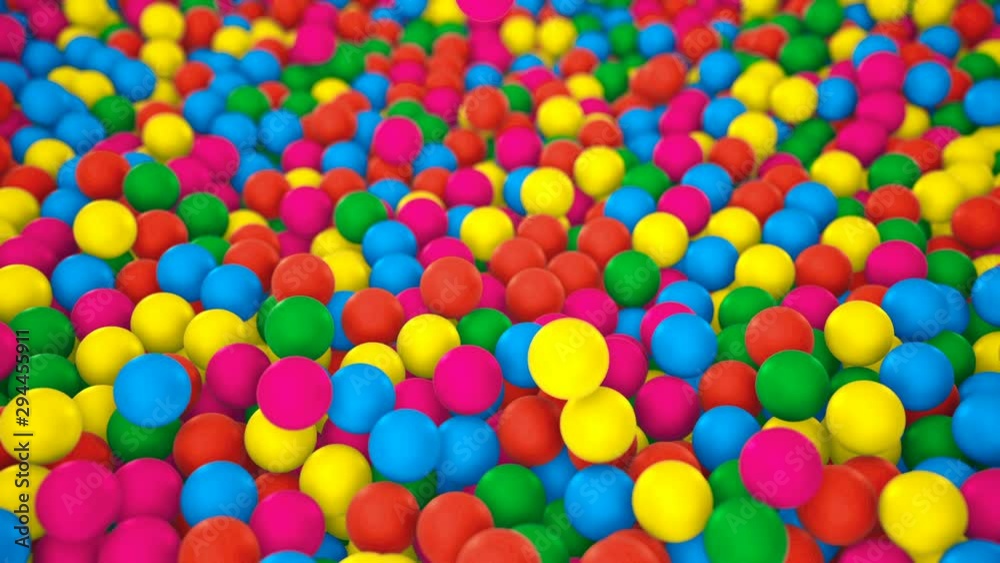 Pile of gumballs closeup with colorful rolling and falling balls. Multicolored spheres in pool for children fun abstract background. Bright 3D animation with depth of field. Camera zooms out Pile of gumballs closeup with colorful rolling and falling balls. Multicolored spheres in pool for children fun abstract background. Bright 3D animation with depth of field. Camera zooms out