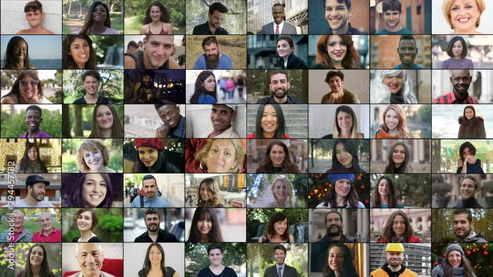 Multiscreen of people of different races,age looking at camera, smiling.Life,joy