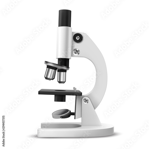 Realistic microscope side view. 3d lab or laboratory tool for magnifying. Magnification item for biology and chemical, medical research. White and black instrument for focusing. Macro lens