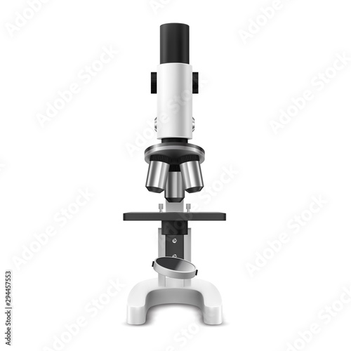 Realistic microscope front view. 3d lab or laboratory tool for magnifying. Magnification item for biology and chemical, medical research. White and black instrument for focusing. Macro lens