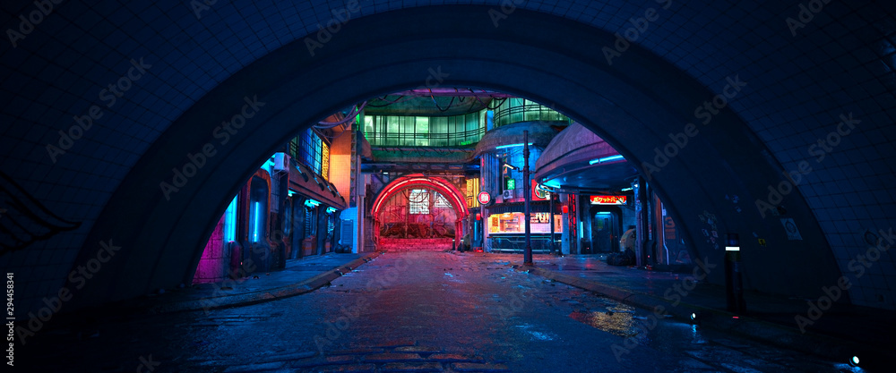 Street of a futuristic city, starting with an arch in a tunnel. Photorealistic 3D illustration. Night scene with neon lighting. City landscape in the style of cyberpunk.