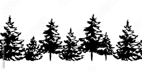 Hand drawn Christmas tree seamless border isolated on white background. Vector illustration in sketch style. Christmas design element