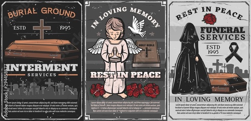 Cemetery, coffin, cross and grave. Funeral service